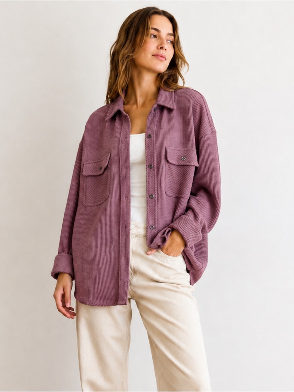 LazyPants Waffle Knit Oversized Shacket Shirt Jacket Dusty Mauve XL